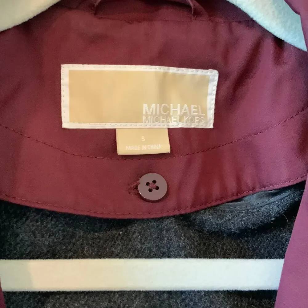 Michael Kors Womens Trench Coat Small Burgundy Belted Jacket Gold Hardware